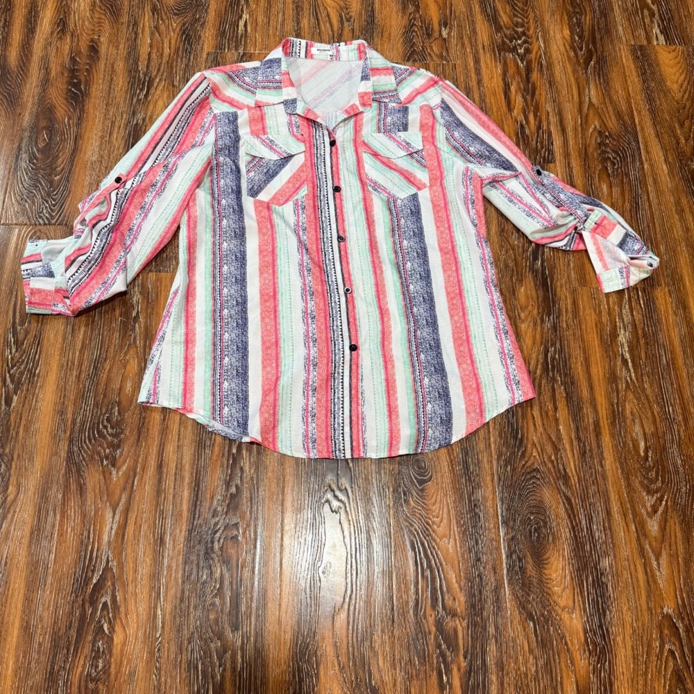 Zeagoo Womens XL Multi Color Striped Roll Tab Sleeve Button Down Shirt Cotton
